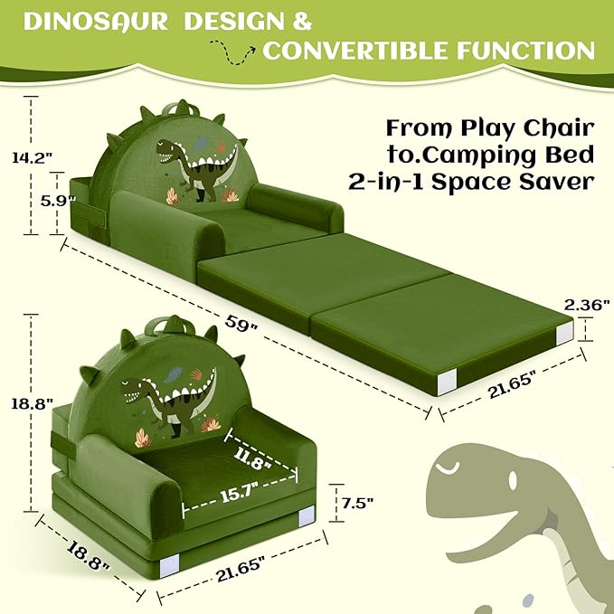 Dinosaur Kids Sofa Bed with Removable Washable Cover & Hook and Loop Backrest – Foldable Toddler Chair, Cozy Crystal Velvet Furniture for Playtime, Naps & Travel (Dark Green, Dino Design)-NeatNest