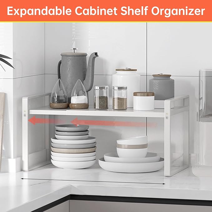 Adjustable Kitchen Shelf Organizer 9", (2 Pack) Heavy-Duty Cabinet Shelves for Countertop, Pantry & Microwave, Expandable Space-Saving Storage Rack with Non-Slip Pads, White-NeatNest
