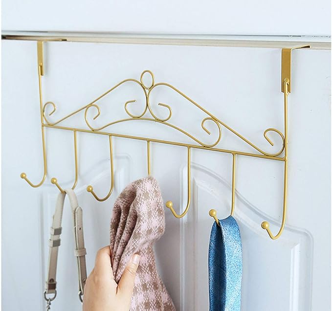 eywlwaar Gold Over The Door Hooks 7 Hanger Rack Heavy Decorative Metal Rack for Home Use Hats Coats Key Bag Clothes Scarfs Hooks (Golden)-NeatNest