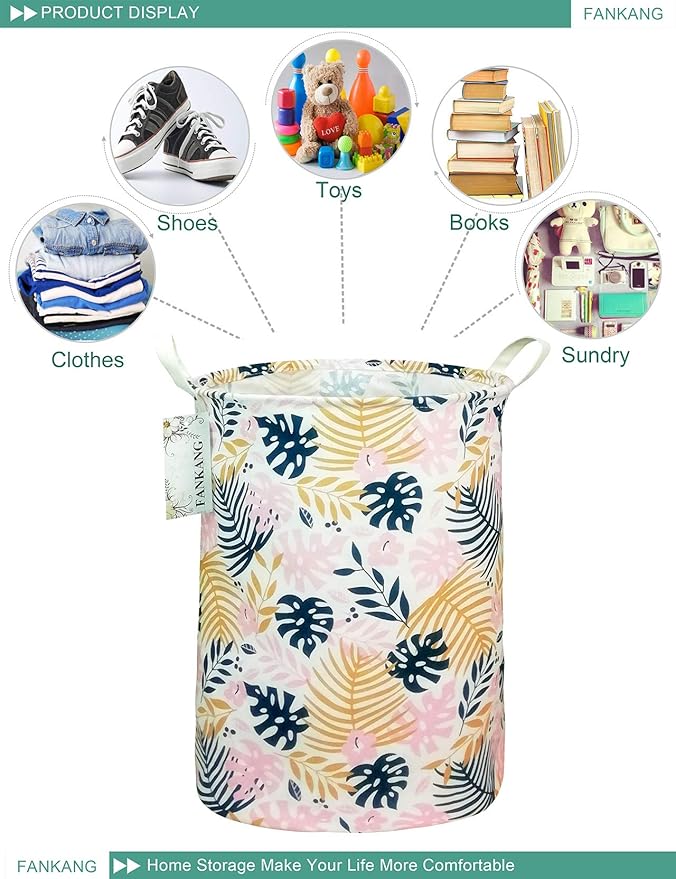FANKANG Storage Basket, Nursery Hamper Canvas Laundry Basket Foldable with Waterproof PE Coating Large Storage Baskets for Kids Boys and Girls, Office, Bedroom, Clothes,Toys(Banana leaf)