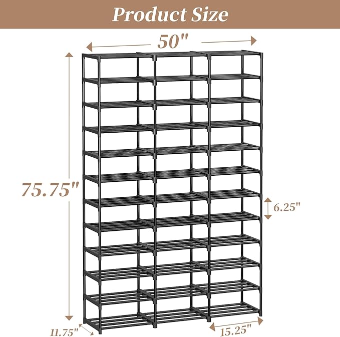 Shoe Rack Large Capacity 72 Pairs Tall Shoe Shelf, 3 Row 12 Tiers Sturdy Metal Shoe Organizer for Entryway, Closet, Bedroom, Black-NeatNest