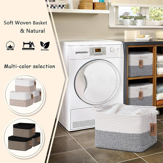 COMFY-HOMI Cotton Rope Woven Basket with Handles for Shelves,Toys,Book, Cloth Storage Baskets Bin for Organizing-13.5"x11"x9.5" Toy Decorative Organizer for Living Room, Bathroom-White/Grey-NeatNest