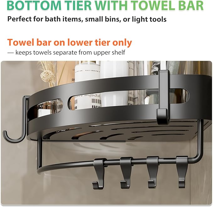 Adhesive Shower Corner Caddy,2-Pack Heavy Duty Shower Corner Shelves Rack with 8 Hooks and 1 Towel Bar,Rustproof Bathroom Organizer No Drilling Wall Mounted