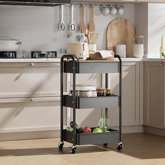 3 Tier Rolling Cart with Table top, Metal Utility Cart, Sturdy Storage Organizer Cart with Locking Wheels & Hooks for Office, Classroom, Kitchen and Bathroom-NeatNest