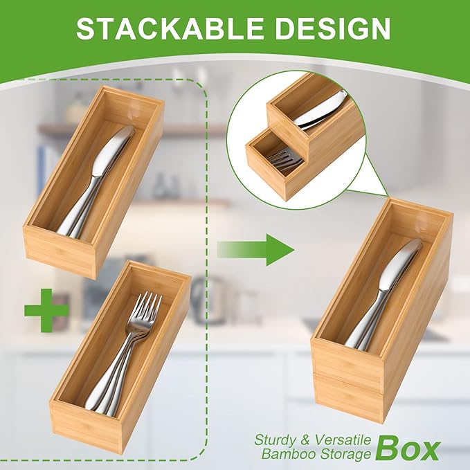 Bamboo Drawer Organizer – Set of 2 Stackable Storage Boxes, Silverware Tray & Small Gadget Holder for Kitchen Drawers, 9" x 3" x 2" (Outer), 8.3" x 2.3" x 1.77" (Inner)-NeatNest