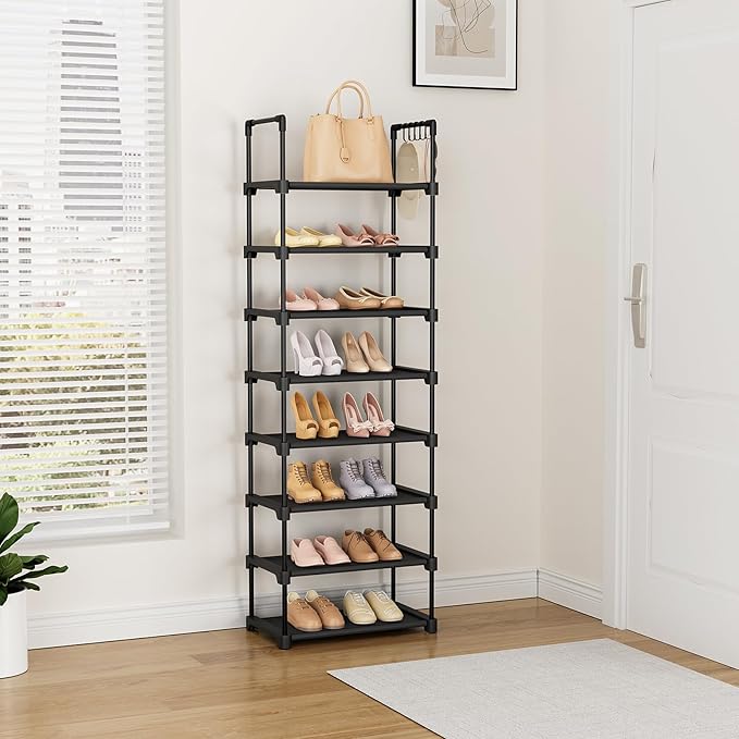 Tall Shoe Rack 8 Tiers, 16-20 Pairs Shoe and Boots Organizer Storage Sturdy Shoe Shelf, Narrow Vertical Shoe Rack for Entryway, Closet, Metal Shoe Organizer with 5 Hooks-NeatNest