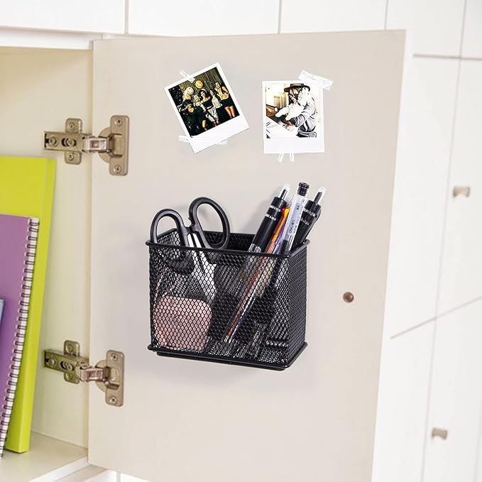 dedoot Magnetic Basket 2 Pack Magnetic Holder Locker Magnetic Pen Holder Magnetic Pencil Holder Strong for Whiteboard Marker, 4.7x2.3x3.7inch Black Mesh Magnetic Pen Holder for Refrigerator Fridge-NeatNest