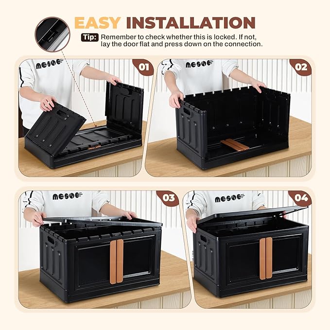 FAHKNS 3 Pack 19 Gallon Collapsible Storage Boxes, Lidded Storage Box with Door and Wheels for Clothes, Tools, Office Supplies, Large Folding Storage Box for Home, Black