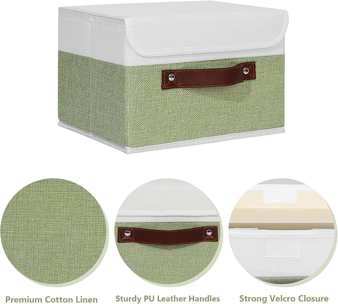 ANMINY 2PCS Storage Boxes with Lid Washable Decorative Storage Bins Basket with PU Leather Handle Foldable Linen Fabric Storage Cubes Containers for Home Closet Organizer - Green White, Small Size-NeatNest