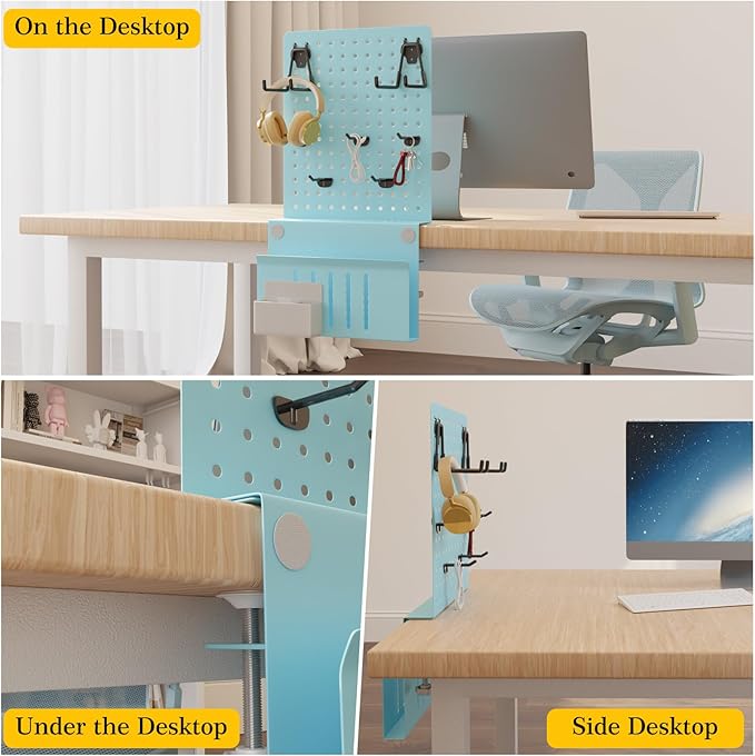 Desk Side Storage with Clamp-On Desk Pegboard, Steel Privacy Panel, No-Drill Desk Organizer with Pen Holder, Table-Side Laptop Holder for Office and Home (Blue)-NeatNest