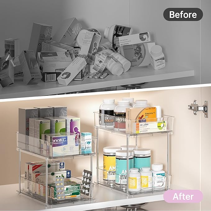 Delamu 2 Pack Snap-Lock Bathroom Under Sink Organizers and Storage, 2 Tier Pull Out Medicine Bathroom Cabinet Organizer, Multi-Purpose Kitchen Pantry Organization and Storage with Movable Divider-NeatNest
