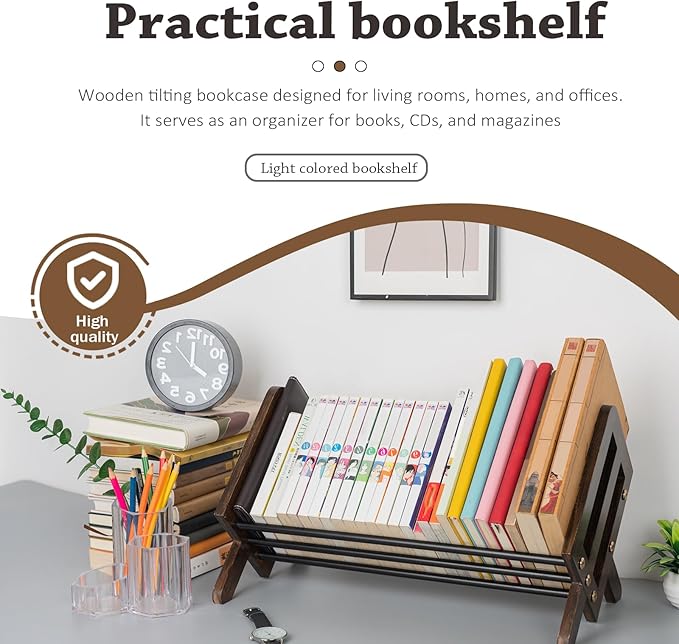 Desktop Bookshelf, Wood Tilting Bookcase with Iron Rack, Book Organizer for CDs/Magazine/Books Display, Storage Rack in Living Room/Studyroom/Home/Office (Brown&Black, 19.68")-NeatNest