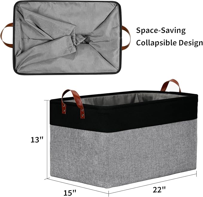 DULLEMELO Extra Large Canvas Fabric Storage Basket, 70L Foldable Closet Storage Bin with Handles, 22" Large Blanket Basket Living Room for Storage Toys, Pillows, Clothes, Books (Black&Grey)-NeatNest
