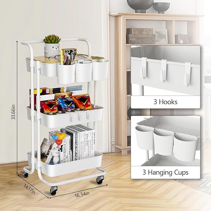 3 Tier Rolling Cart with Metal Handle, Table Top, Hanging Cups, Hooks, Plastic Storage Baskets& Wheels Lockable, Utility Cart for Bathroom Classroom Office Kitchen Pantry Organizers and Storage, White-NeatNest