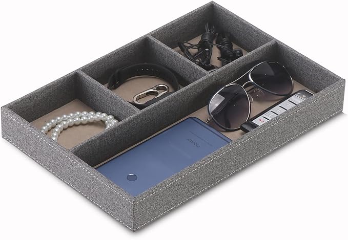 Desktop Storage Organizer, Bedside Table or Storage rack Leather Tray, Valet Tray, Dresser Organizer, 4 Compartments,PU Leather Drawer Storage Organizer Decorative Trays. (gray)-NeatNest