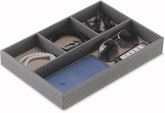 Desktop Storage Organizer, Bedside Table or Storage rack Leather Tray, Valet Tray, Dresser Organizer, 4 Compartments,PU Leather Drawer Storage Organizer Decorative Trays. (gray)-NeatNest