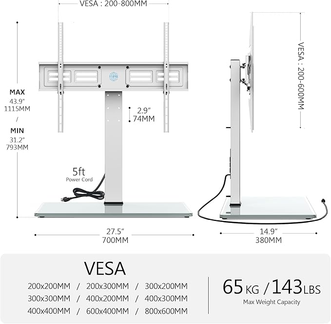 FITUEYES Universal TV Stand with Power Outlets for 50-85 inch TVs, Swivel&Height Adjustable Tall TV Stand for Bedroom Living Room, 27.5''Large Tempered Glass Base Holds up to 143 lbs, Ivory White