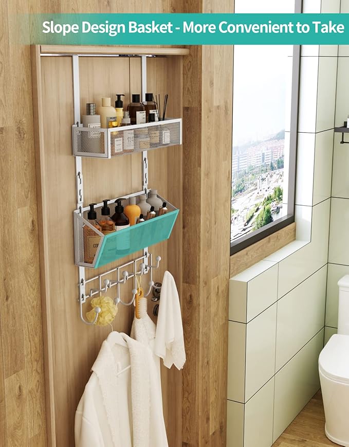 HapiRm Over Door Hook with 2 Mesh Baskets and 9 Hooks, 304 Stainless Steel No Drilling Over The Door Hanger, Storage Organizer for Bathroom, Kitchen, Bedroom-White (for 1.57in Doors)