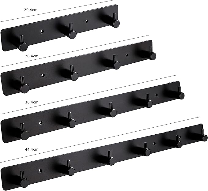 Adhesive Bathroom Black Hook Rail, 6 Matte Black Wall Key Hooks Rack Hanger Towel Robe Stick Door Hooks for Bathroom Toilet Entryway Hallway Kitchen Wall Mounted