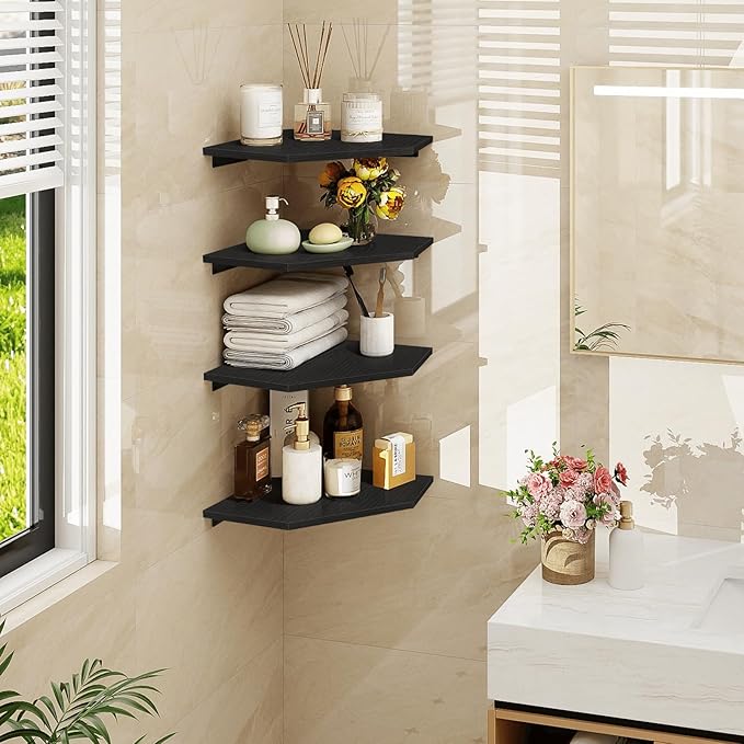 Homode Corner Floating Shelves, Corner Shelves Wall Mounted with Cord Hole, 4 Tier Diamond Shape Corner Hanging Shelving for Wall Storage, for Cable Box, TV Cords, Books, Plants, Black-NeatNest