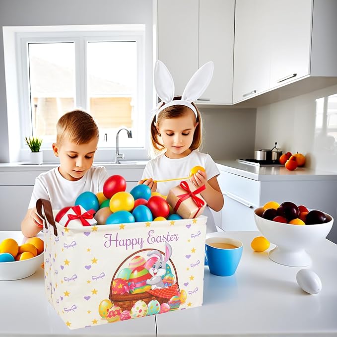 Easter Basket for Kid Large Empty Baby Rectangular Cute Easter Gift Storage Basket Bunny Eggs Décor (Rabbit Purple Bow Tie)-NeatNest