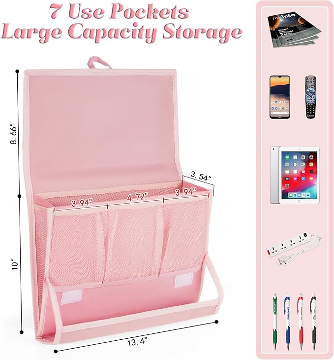 Bedside Caddy Bedside Storage Organizer Bedside Organizer with Power Strip Holder and 2 Adjustable Straps for Home Bunk Bed Dorm Sofa (Pink)-NeatNest