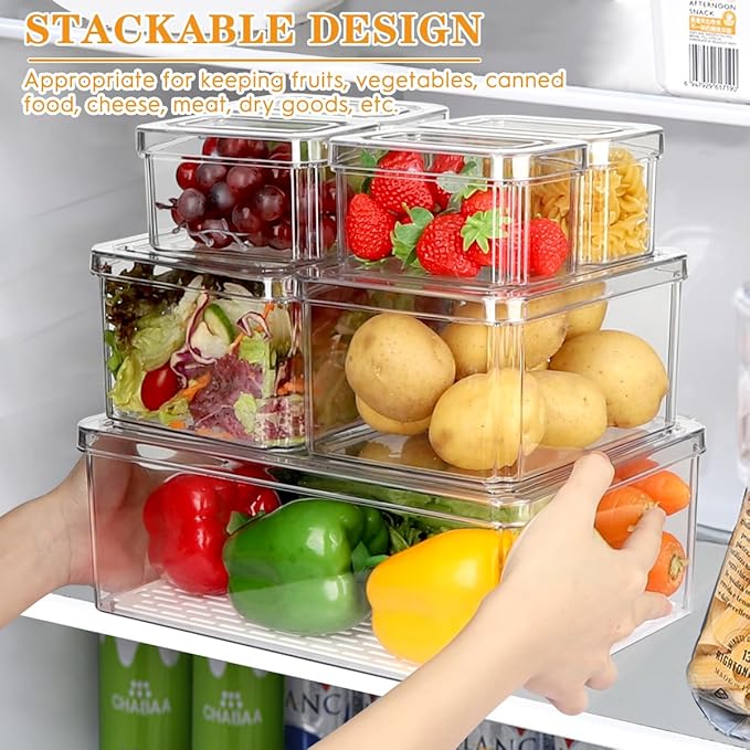 14 Pack Fridge Organizer, Stackable Refrigerator Organizer Bins with Lids PBA-Free, Clear Fridge Organizers and Storage for Kitchen, Countertops, Cabinets, Fridge, Drinks, Fruits, Vegetable, Cereals