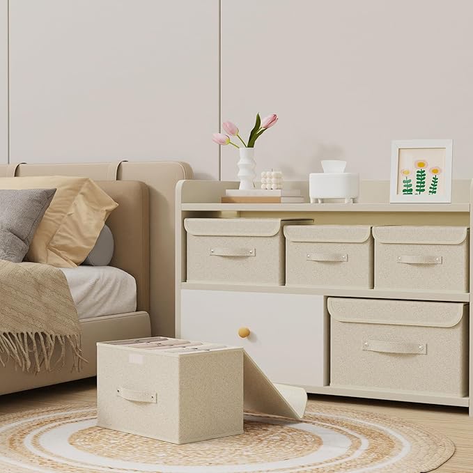Fabric Storage Bins Cube Organizers with Flip-Top Lid and Handles,Storage Boxes for Organizing Home,Office,and Closet,Grey and Beige,3 Pack 10.2 X 7.9 X 6.7 in-NeatNest