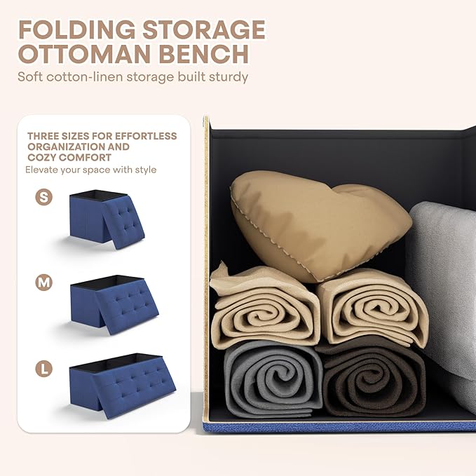 Ottoman Folding Storage Bench, 15x15x15 Inch, Foot Rest Stool for Living Room, Bedroom, Entryway, End of Bed - Multi-Functional Ottoman with Storage Navy Blue