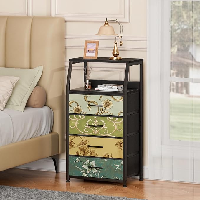 Furnulem Retro Dresser for Bedroom, Small Dresser for Closet, Vintage Nightstand with 4 Drawers, Fabric Storage Organizer Bedside Table Side Furniture, Metal Frame, Wood Top-NeatNest