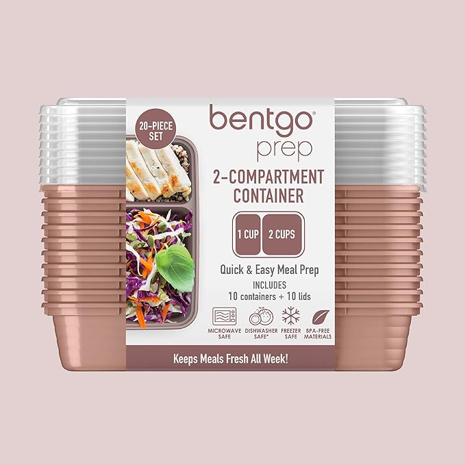 Bentgo 20-Piece Lightweight, Durable, Reusable BPA-Free 2-Compartment Containers - Microwave, Freezer, Dishwasher Safe - Rose Gold-NeatNest