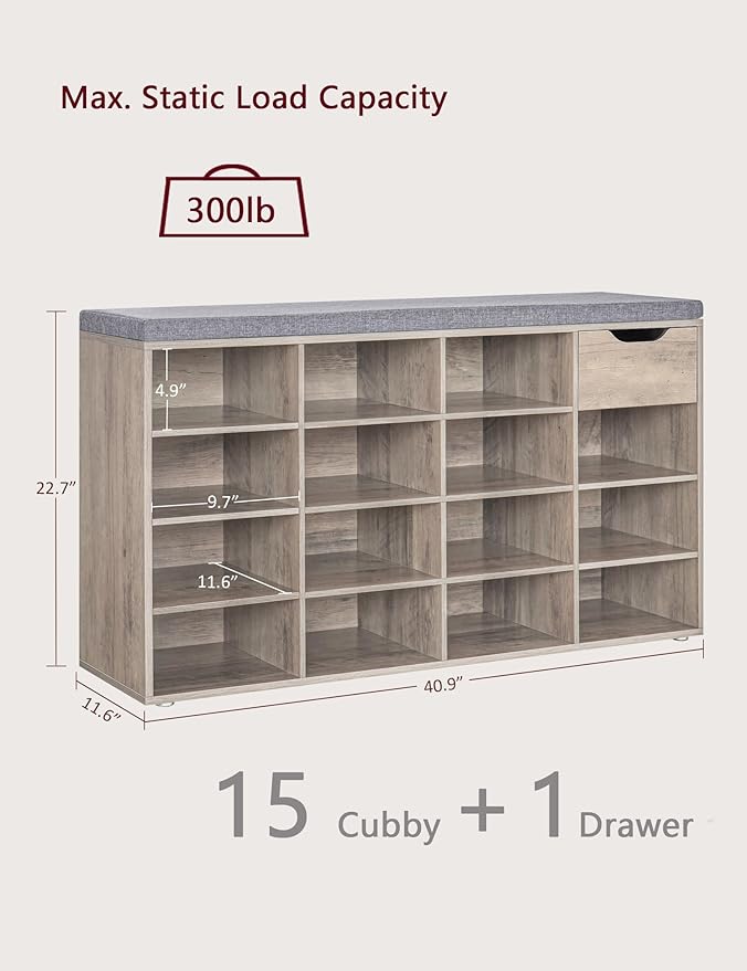 DINZI LVJ Shoe Bench, Entryway Storage Bench with Drawer and 15 Cubbies, Cubby Shoe Rack with Adjustable Shelves, Shoe Organizer Cabinet for Living Room, Bedroom, Mudroom, Closet and Garage, Greige-NeatNest