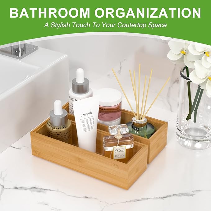 Bamboo Drawer Organizer – Set of 2 Stackable Storage Boxes, Silverware Tray & Small Gadget Holder for Kitchen Drawers, 9" x 3" x 2" (Outer), 8.3" x 2.3" x 1.77" (Inner)-NeatNest