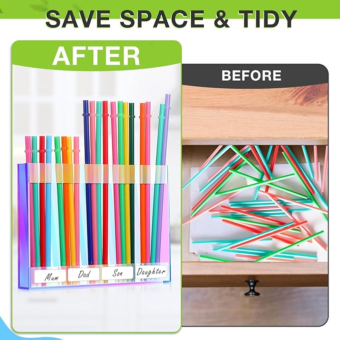 Acrylic Straw Holder for Cabinet Door with Double Sided Adhesive Tape Reusable Straw Organizer Tumbler Storage Kitchen Accessories Container for Counter Cupboard(Classic,Large,Iridescent)