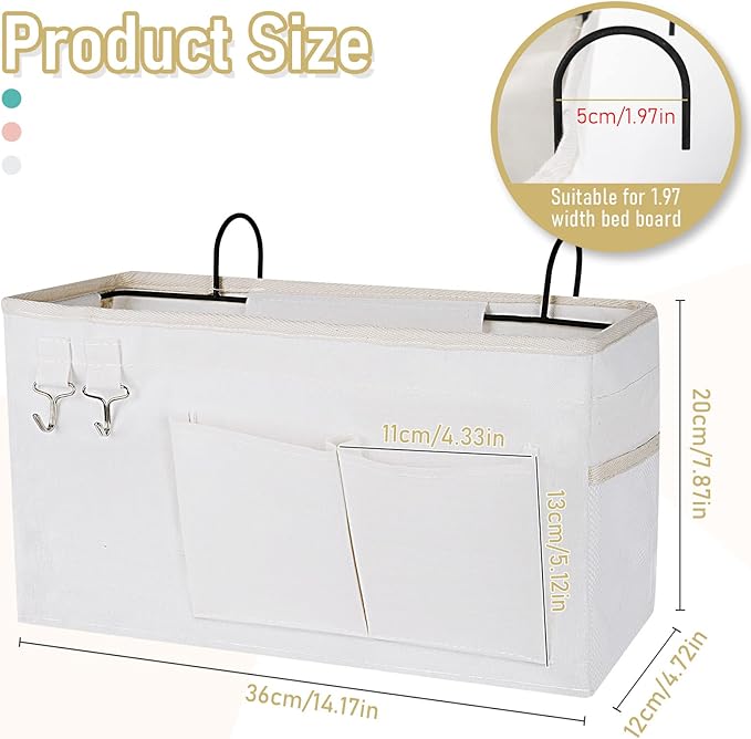 Bedside Caddy Bedside Organizer Hanging Storage Bag for Bunk College Dorm Bed and Hospital Beds with Magazine Water Bottle Phone Holder (2Pack White)-NeatNest