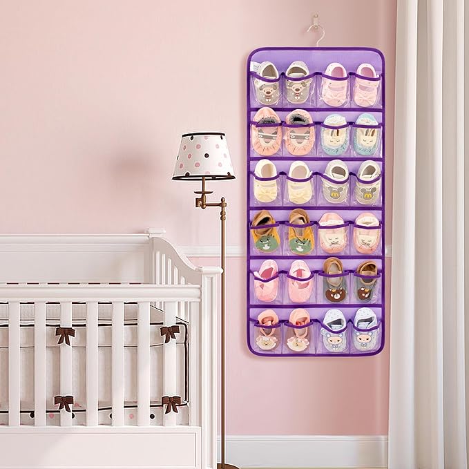 Dual-sided Hanging Baby Shoes Organizer Closet Toddler Shoe Storage Holder for Kids Bow Socks Underwear (PURPLE)-NeatNest