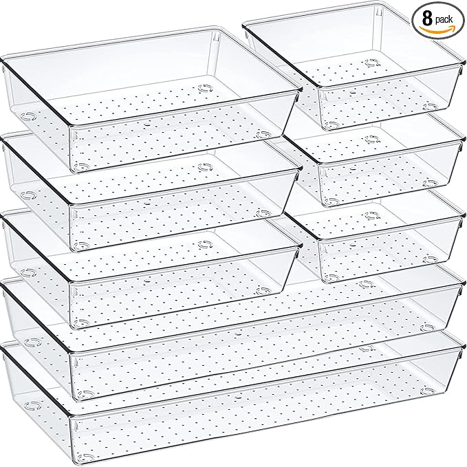 Criusia Drawer Organizer Set, Acrylic Non Slip Non Cracking Kitchen Drawer Storage Tray Large Size Divider, Multifunctional Storage for Cosmetics, Bathroom, Tools, Kitchen and Office (8 PACK)-NeatNest