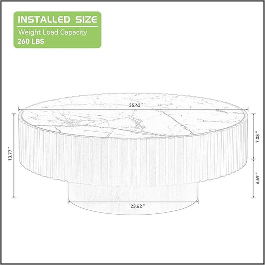 Coffee Table Stone Round 35.43'' for Living Room Modern Coffee Tables Wood Circle Drum Tea Fluted Solid Wooden Veneer Sintered Tabletop Handcraft Home Furniture for Apartment Easy Assembly Oak-NeatNest