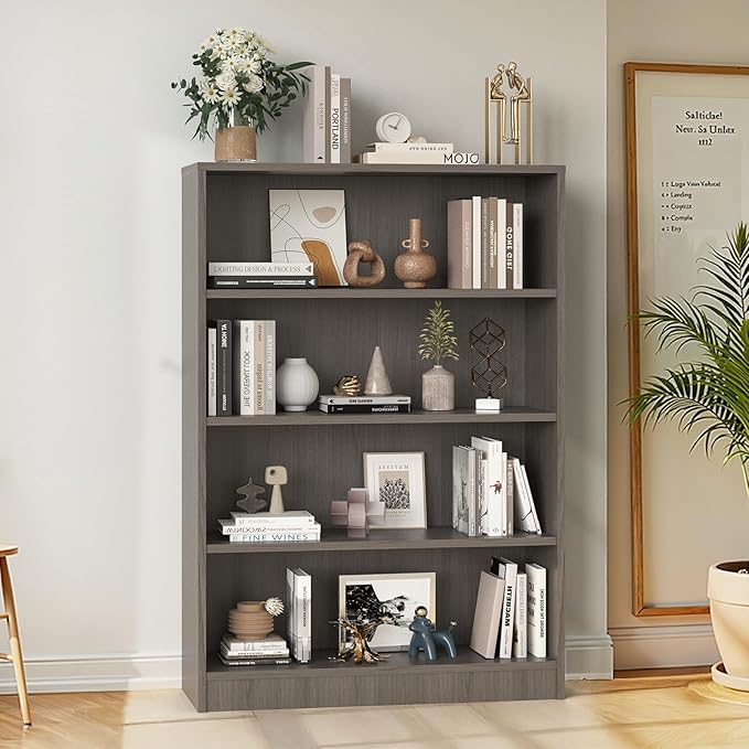 Farini 48 Inch Tall 4-Shelf Bookcase, Wood Bookshelf Storage Organizer Adjustable Shelf for Home Office, Study Room, Easy Assembly,Grey