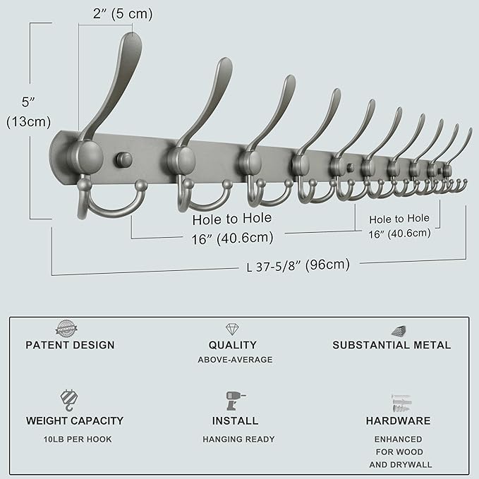 Dseap Coat Rack Wall Mount - 38” Long 10-Tri-Hooks Heavy Duty Coat Hanger Rail Wall Hooks for Hanging Coats Hats Clothing Clothes Purse Mudroom Entryway, Gray-NeatNest