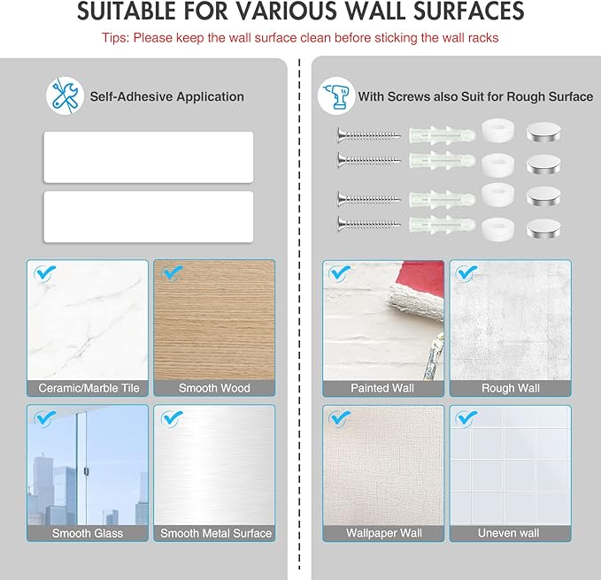 Mop Broom Holder Wall Mounted SUS304 Stainless Steel, Mop Broom Organizer with 2 Installation Methods (No Drilling&Screw Drilling Installation 2 In 1), Mop Hanger Heavy Duty with Hooks, 2PCS-NeatNest