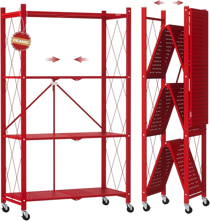 DEANIC 4 Tier Foldable Storage Shelves with Wheels, Large Capacity Shelving Unit, Freestanding Metal Wire Shelf Rack, No Assembly Organizer Rack for Garage Kitchen, Basement(Red)-NeatNest