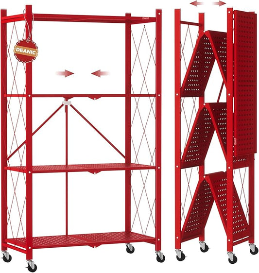 DEANIC 4 Tier Foldable Storage Shelves with Wheels, Large Capacity Shelving Unit, Freestanding Metal Wire Shelf Rack, No Assembly Organizer Rack for Garage Kitchen, Basement(Red)-NeatNest