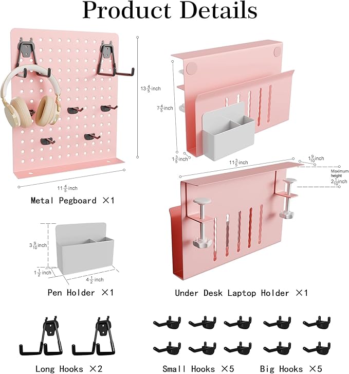 Desk Side Storage with Clamp-on Pegboard,Desk Side Storage,Steel Privacy Panel,No Drill Side Desk Organizer with Pen Holder,Table Side Organizer Laptop Holder for Office and Home (Pink)-NeatNest