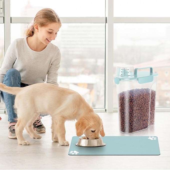 Dog Cat Storage Container Portable with Upgraded Large Spout and Cup, Plastic Pet Food Dispenser for Small Animal Kibble, Bird Seed, Oatmeal, Rice, Flour (2, Sky Blue, 5L (+ Pet mat))-NeatNest