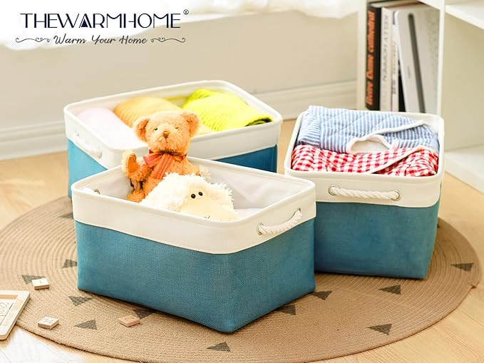 TheWarmHome Storage Bins - Large 3 Pack 15.7x11.8x8.3 in Fabric Storage Baskets for Organizing Shelves | Large Basket Closet Organizer for Home Decor Shelf Baby Toy Laundry (White & Green)-NeatNest