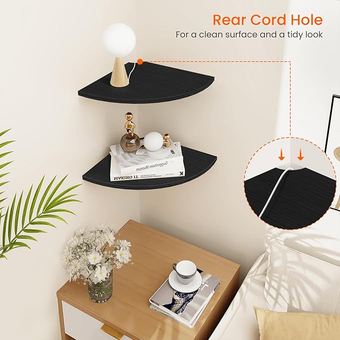 Homode Corner Floating Shelves, 12" Deep Corner Shelves Wall Mounted with Cord Hole, 2 Tier Curved Corner Hanging Shelving for Wall Storage, for Cable Box, TV Cords, Books, Plants, Black