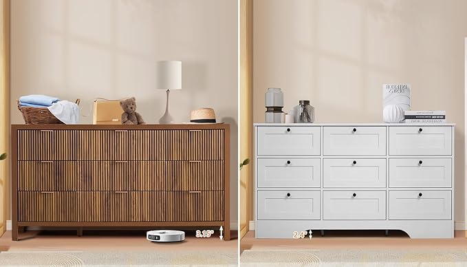 9 Drawer Dresser Cabinet, Long Nightstand with Drawers and Storage Cabinet, Farmhouse Solid Wood Dresser TV Stand, Mid Century Modern Nightstand with 9 Drawer Side Table for Bedroom Closet (Walnut)