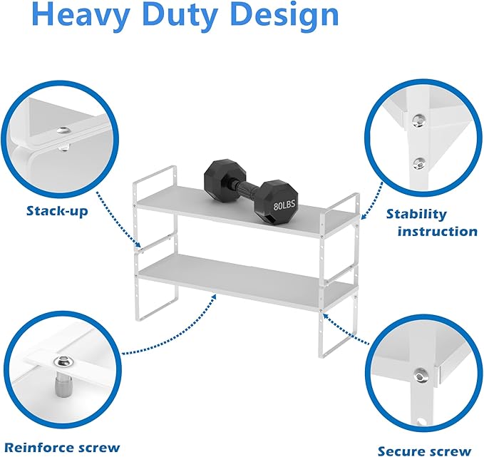 Slideep Expandable Cabinet Shelf 16.54'' to 27.17'', Stackable Cupboard Stand Spice Rack Kitchen Bathroom Pantry Cupboard Home Office for Cups, Dishes, Plates, Seasoning Bottles -White