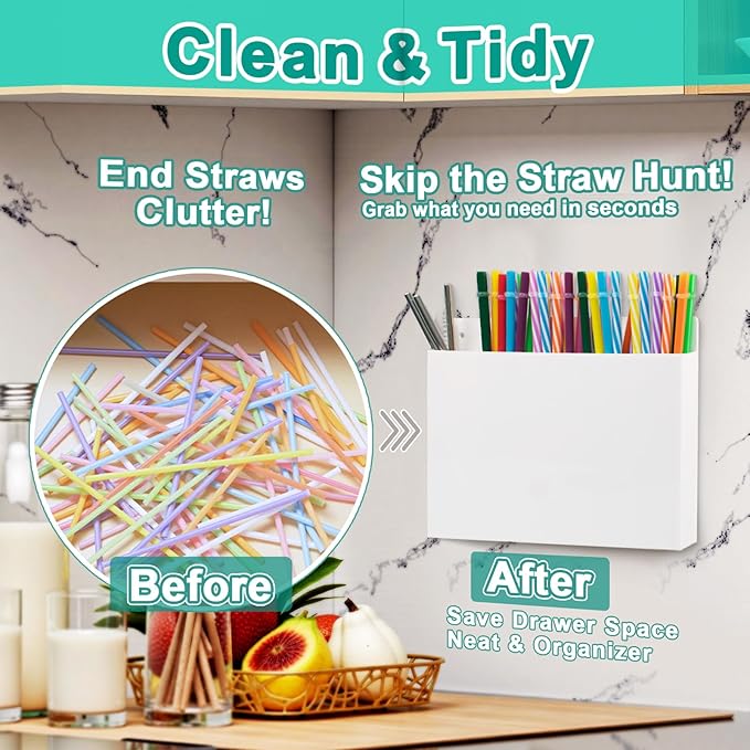 Acrylic Straw Holder for Cabinet Door, Reusable Straw Organizer with Removal Adhesive Tapes, Magnetic Mount, Drinking Straw Storage Container for Kitchen Bar Counter Cupboard 1 Pack